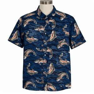 Eddie Bauer Men’s Trout Fishing Shirt Blue Fish Print Camp Button Down Shirt